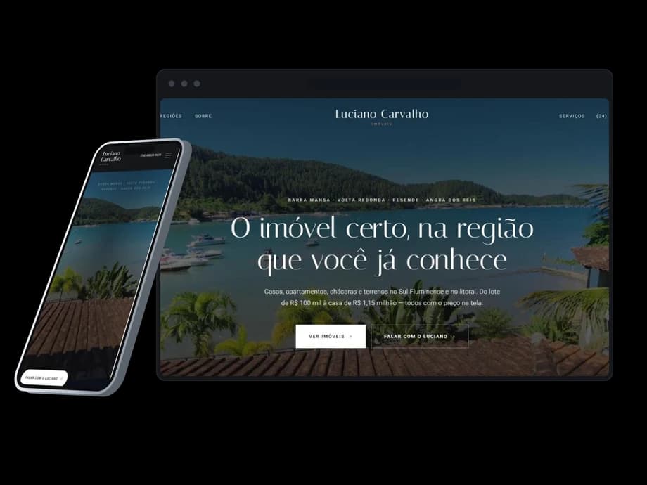 Site do Luciano Carvalho Imóveis aberto no computador e no celular